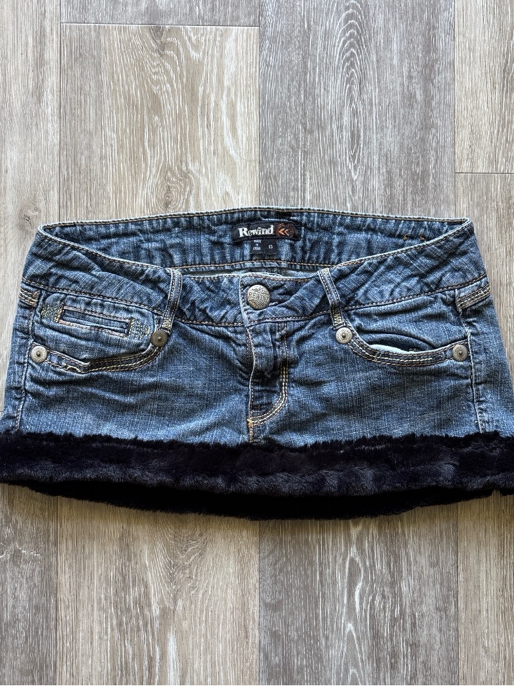 Vintage Y2K Rewind Reworked Micro Low Rise Fur Trim Jean Mini Skirt Size 13